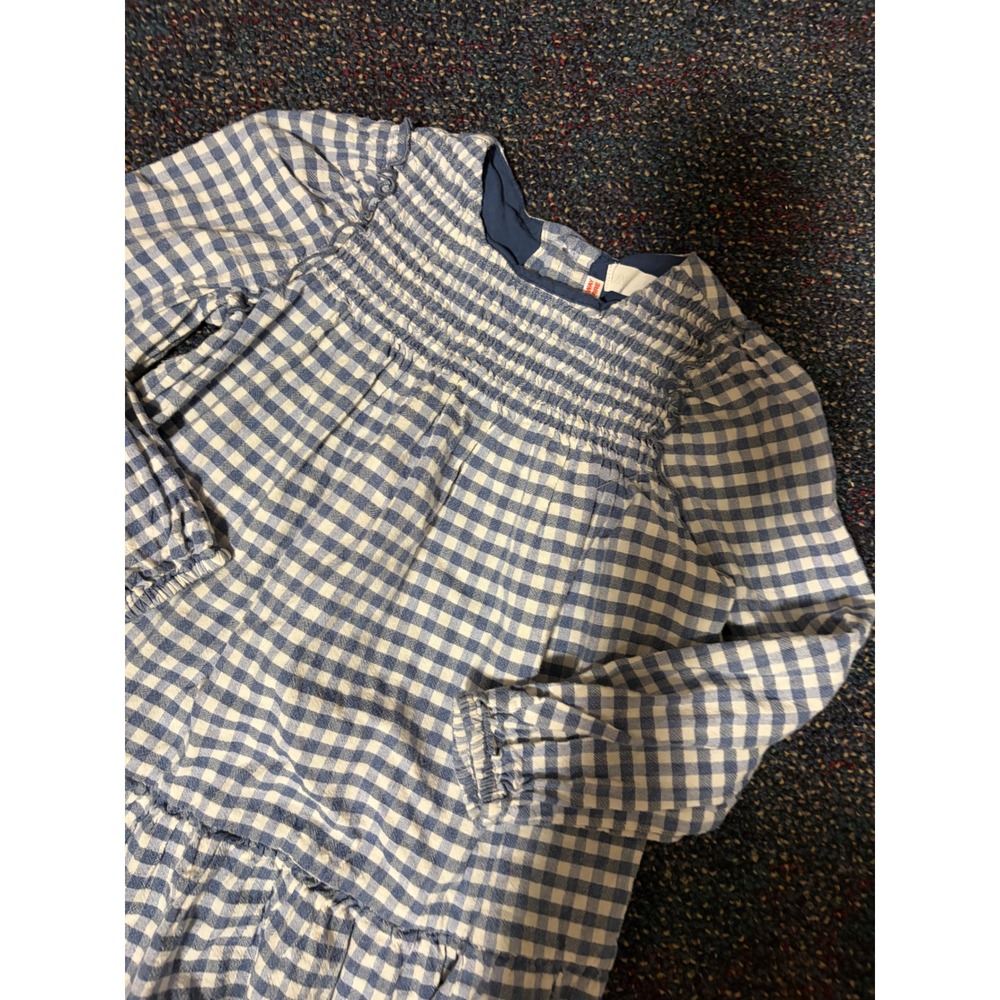Zara Kids Blue White Gingham Smocked Tiered Long Sleeve Dress Size 4-5 Years